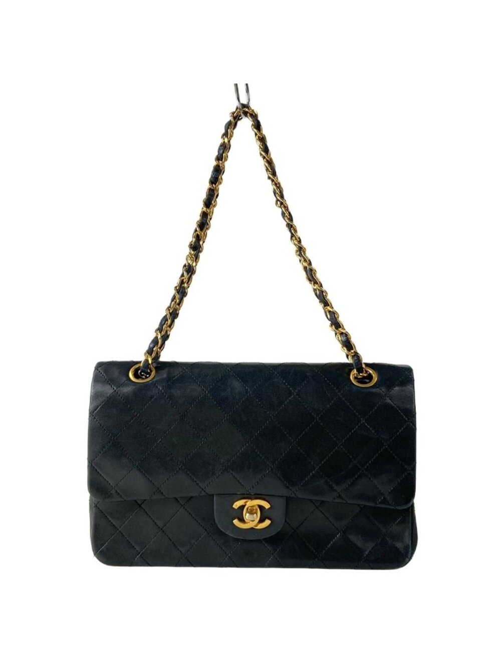 Chanel Shoulder Bag Double Flap Quilted Black Chain Gold Lambskin